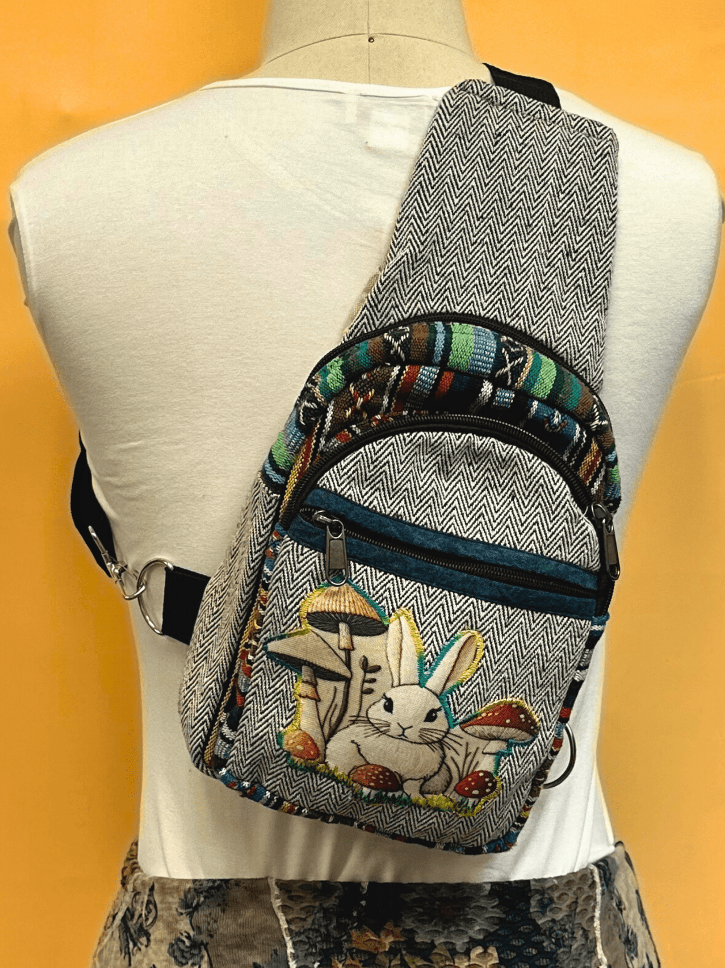 Hemp Bunny Mushroom Crossbody Boho Hippie Backpack - Kalika Fashion