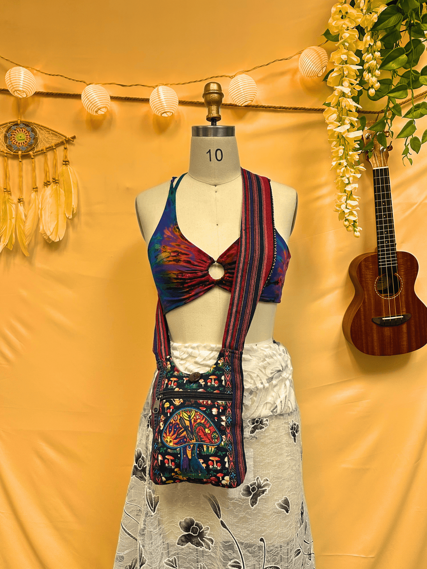Multi Mushroom Zip Boho Hippie Passport Bag - Kalika Fashion