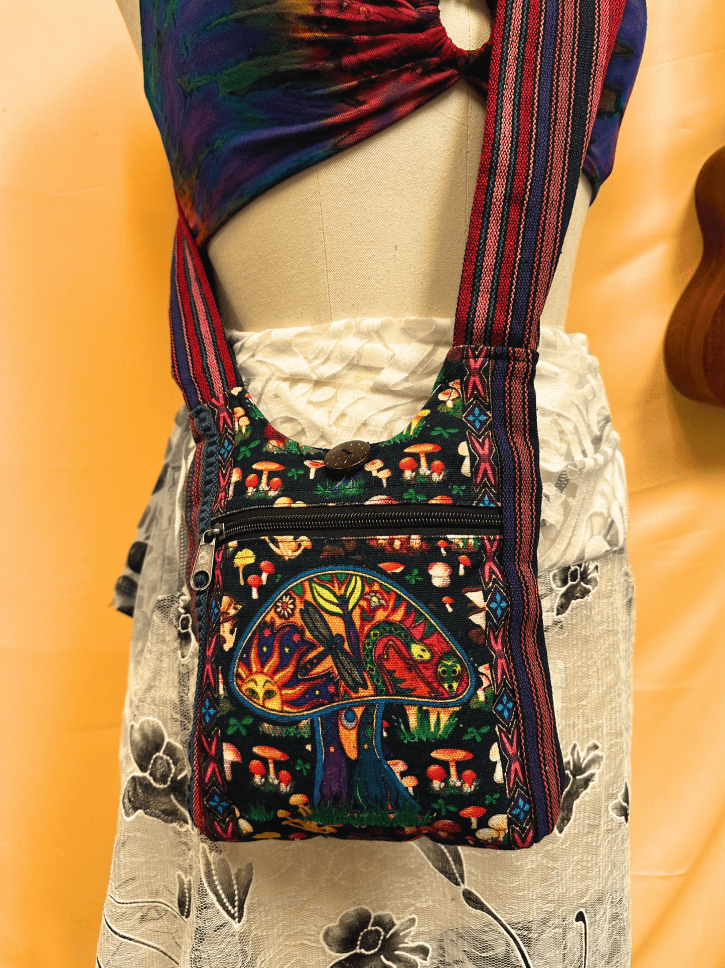 Multi Mushroom Zip Boho Hippie Passport Bag - Kalika Fashion