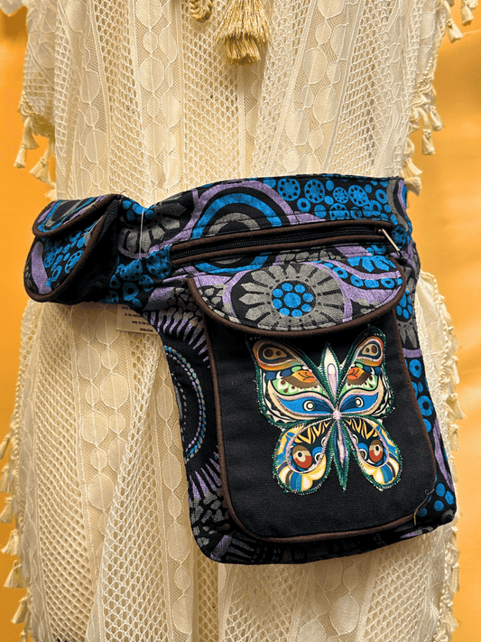 Blue Emb Butterfly Boho Hippie Fanny Pack - Kalika Fashion