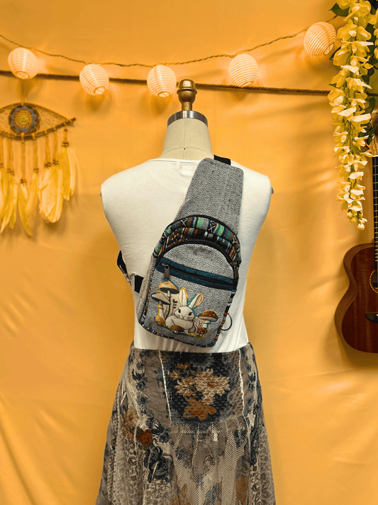 Hemp Bunny Mushroom Crossbody Boho Hippie Backpack - Kalika Fashion