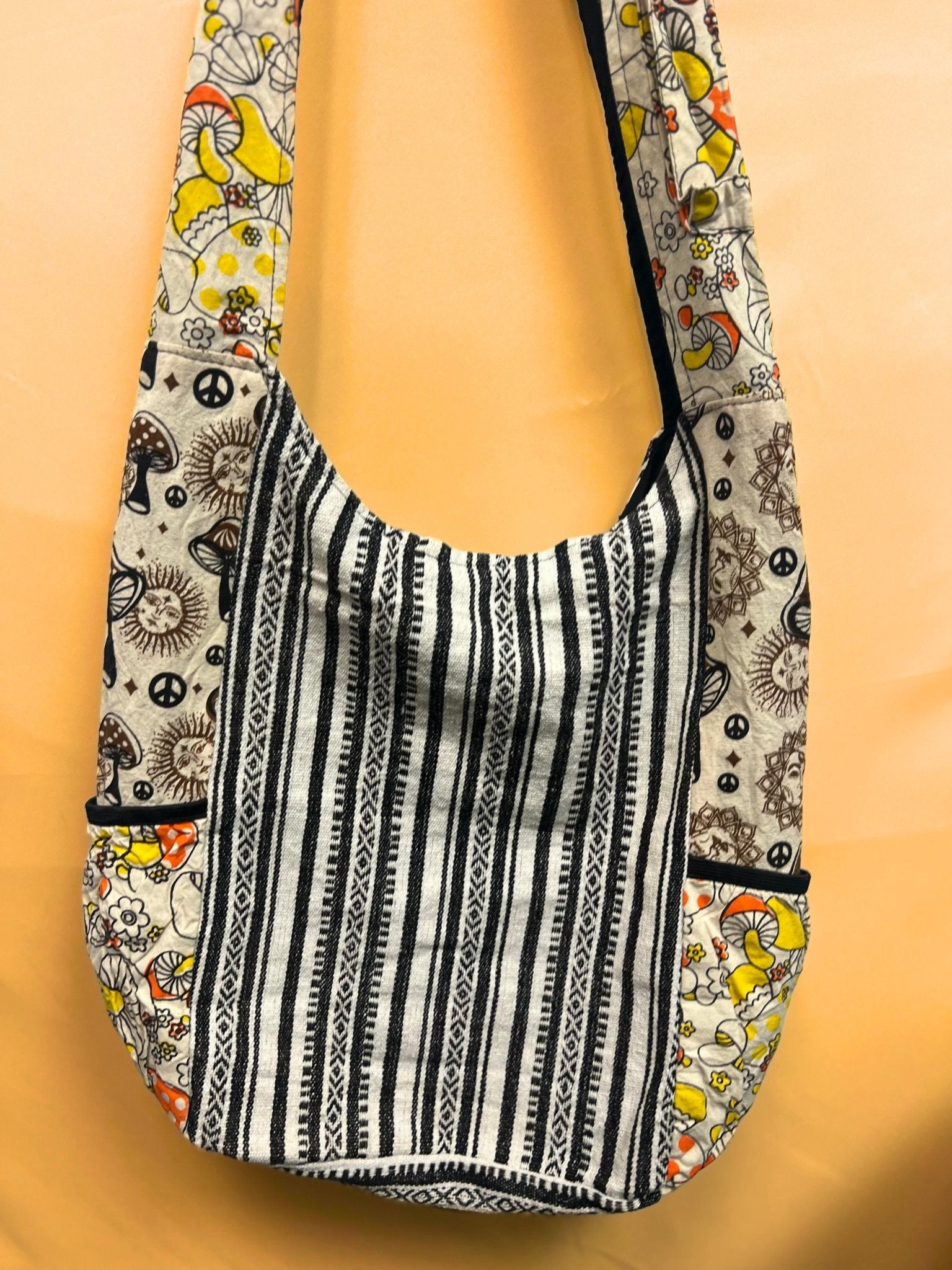 Mushroom Sun Boho style handmade hemp crossbody shoulder bag - Kalika Fashion