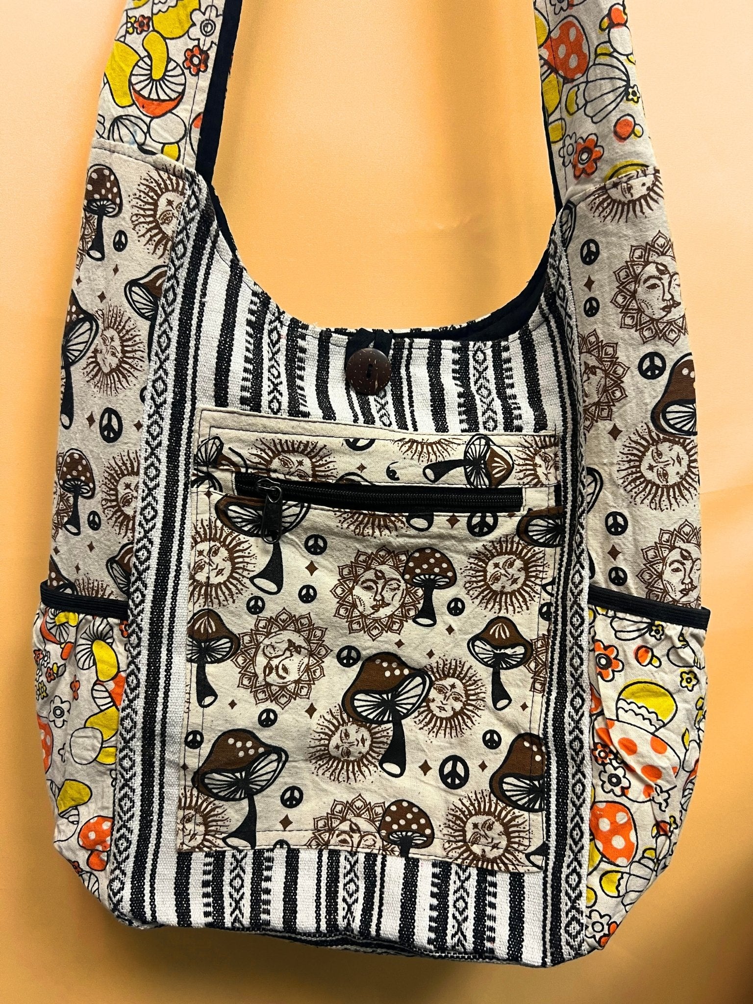 Mushroom Sun Boho style handmade hemp crossbody shoulder bag - Kalika Fashion