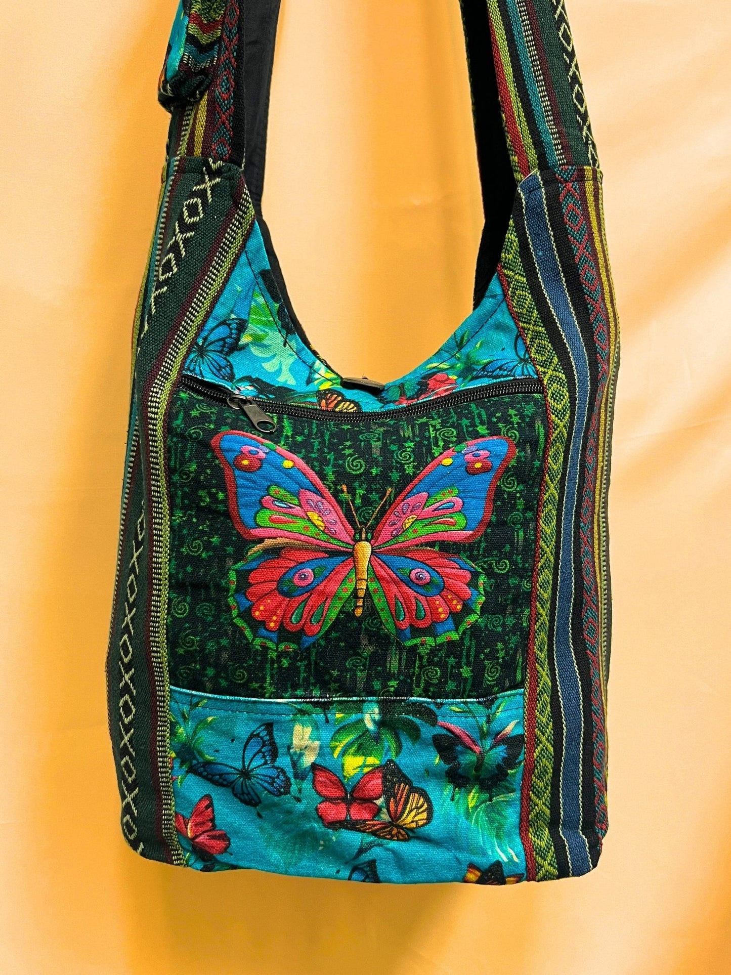 Floral and butterfly embroider handmade cotton crossbody shoulder bag - Kalika Fashion